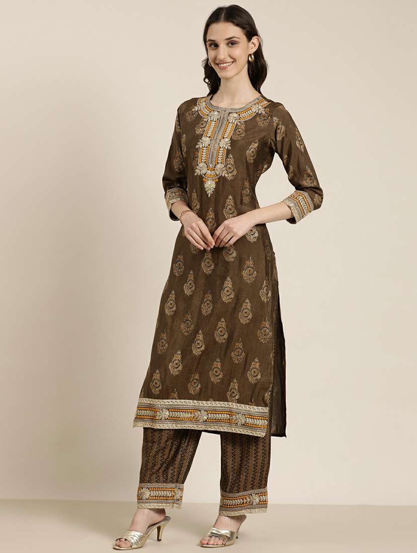 women brown printed kurta palazzo set with dupatta - 20251305 -  Standard Image - 1