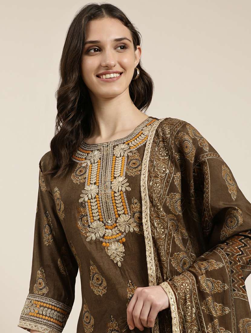 women brown printed kurta palazzo set with dupatta - 20251305 -  Standard Image - 4