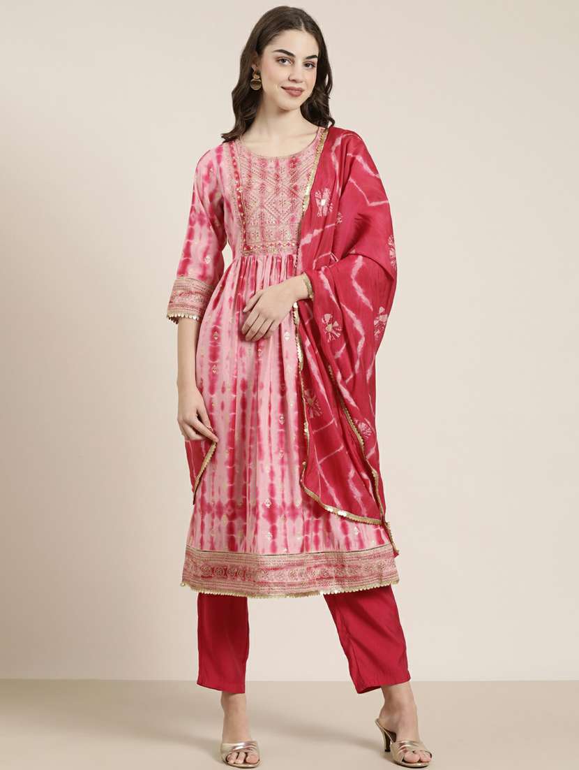 women tie & dye kurta pant set with dupatta