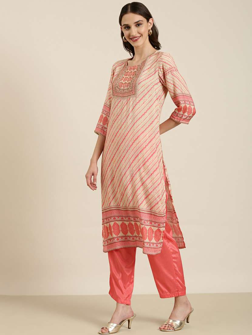 women leheriya round neck kurta pant set with dupatta - 20251332 -  Standard Image - 1