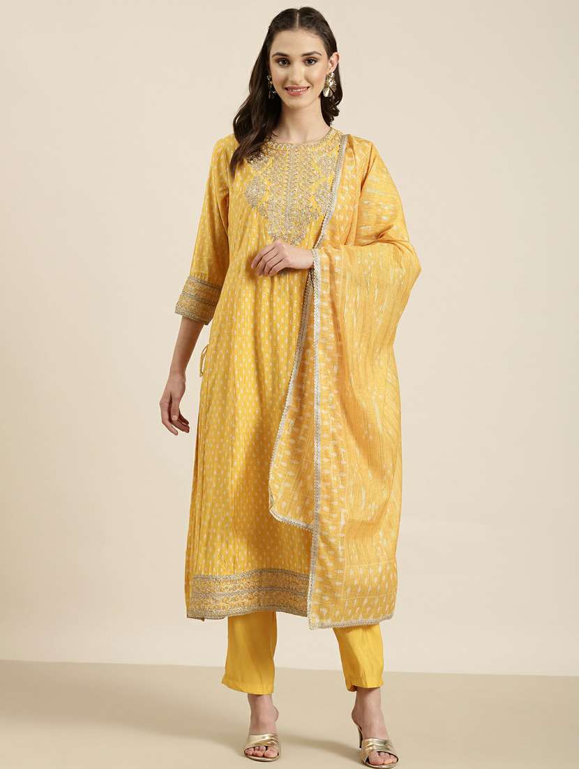 women yellow printed kurta pant set with dupatta
