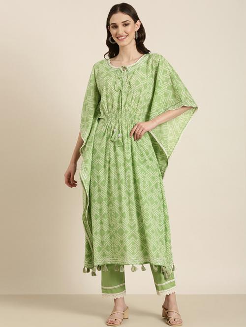 women green printed tie-up neck kaftan set - 20251398 - Standard Image - 0