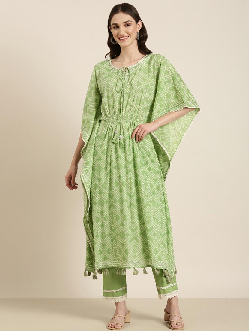 women green printed tie-up neck kaftan set - 20251398 - Zoom Image - 0