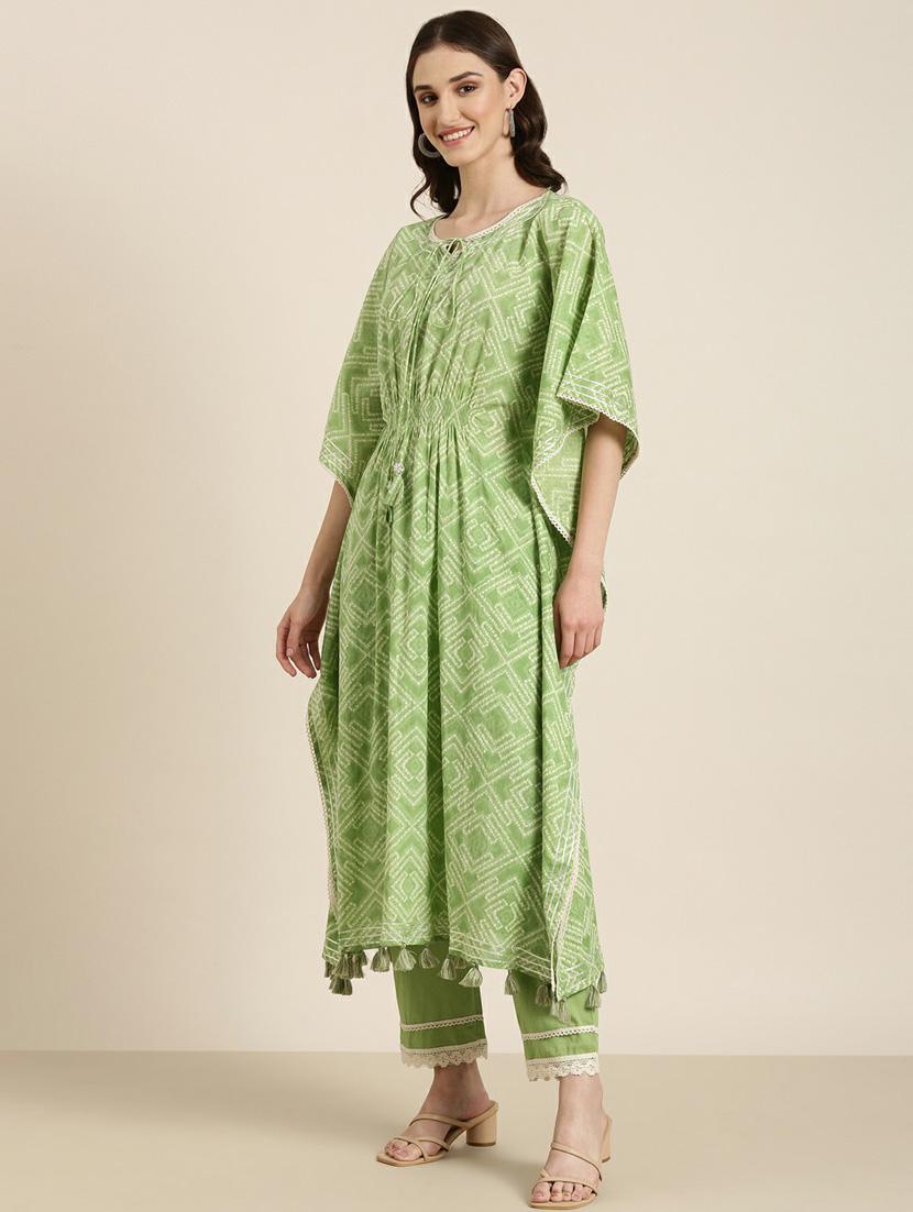 women green printed tie-up neck kaftan set - 20251398 - Standard Image - 1