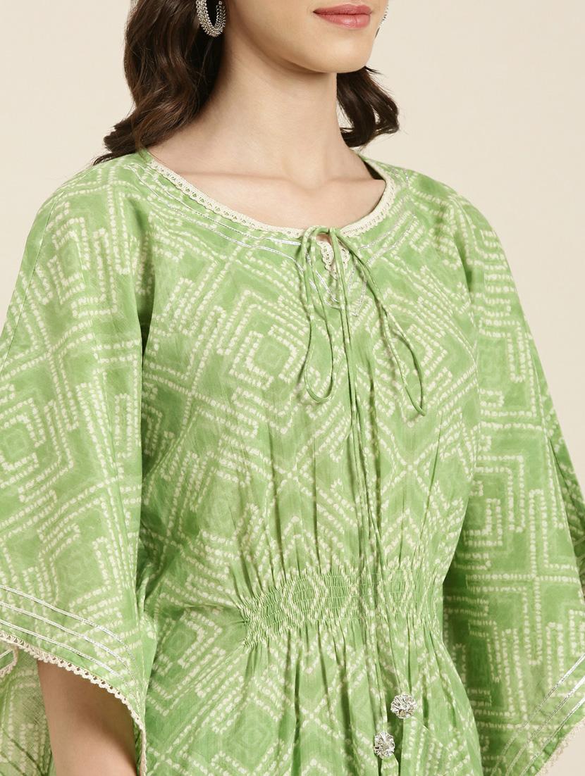 women green printed tie-up neck kaftan set - 20251398 - Standard Image - 4