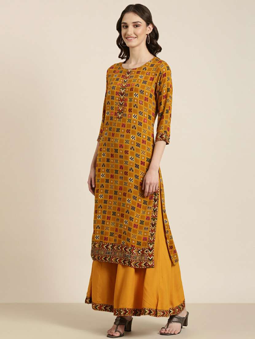 women mustard printed round neck kurta palazzo set - 20251401 -  Standard Image - 1