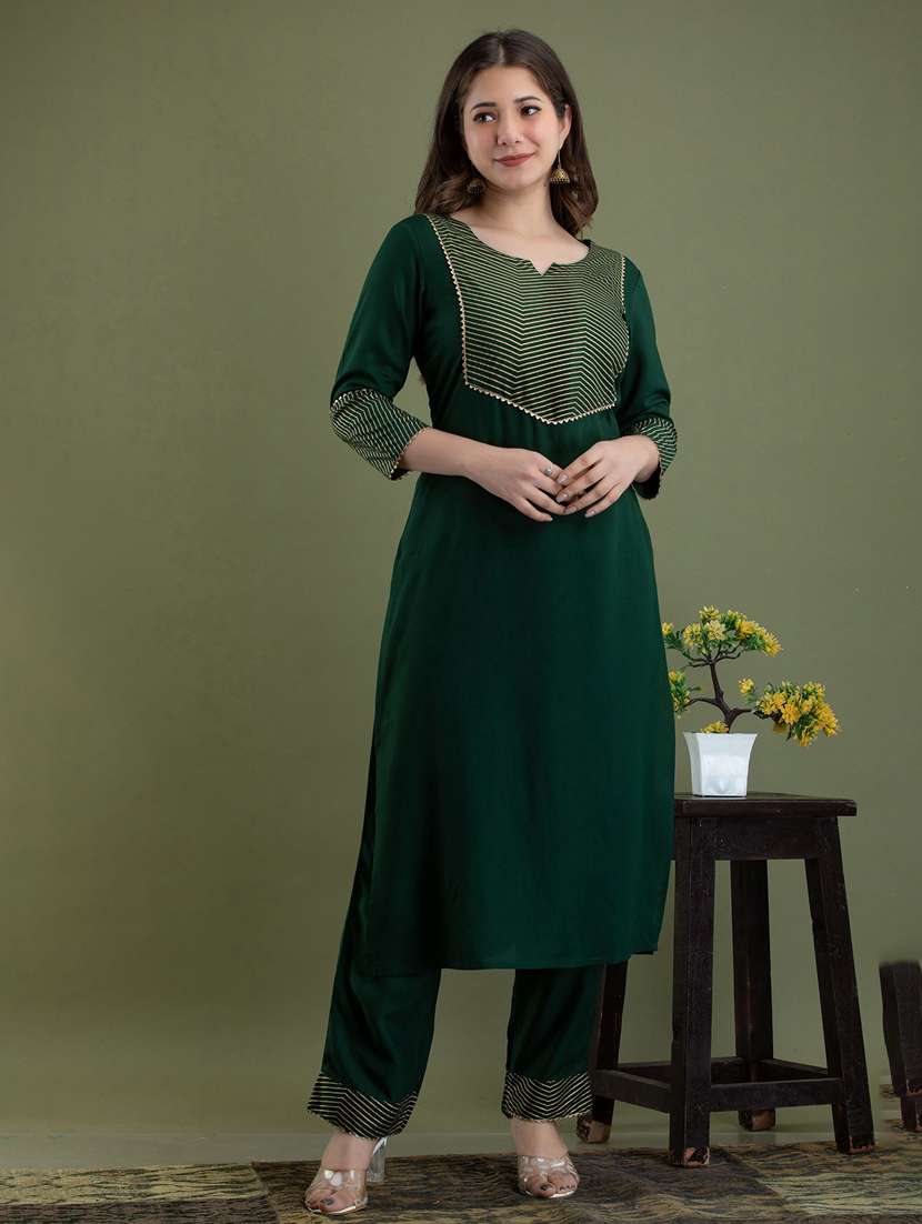 bottle green colored kurta pant set - 20252119 - Standard Image - 1