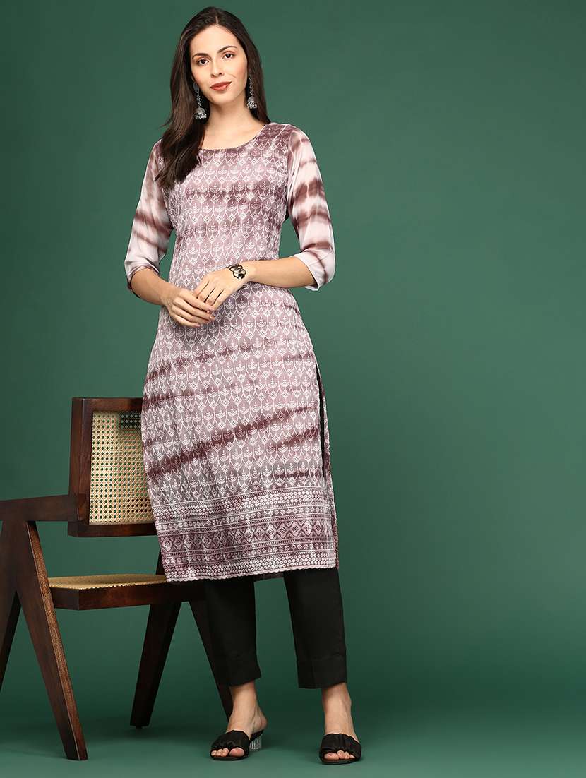 women's mauve round neck straight kurta - 20252223 -  Standard Image - 1