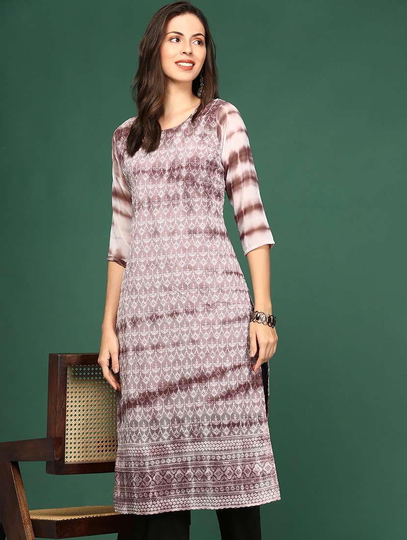 women's mauve round neck straight kurta - 20252223 -  Standard Image - 4