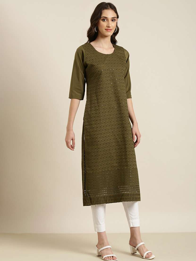 olive embroidered cotton straight kurta - 20252224 -  Standard Image - 1