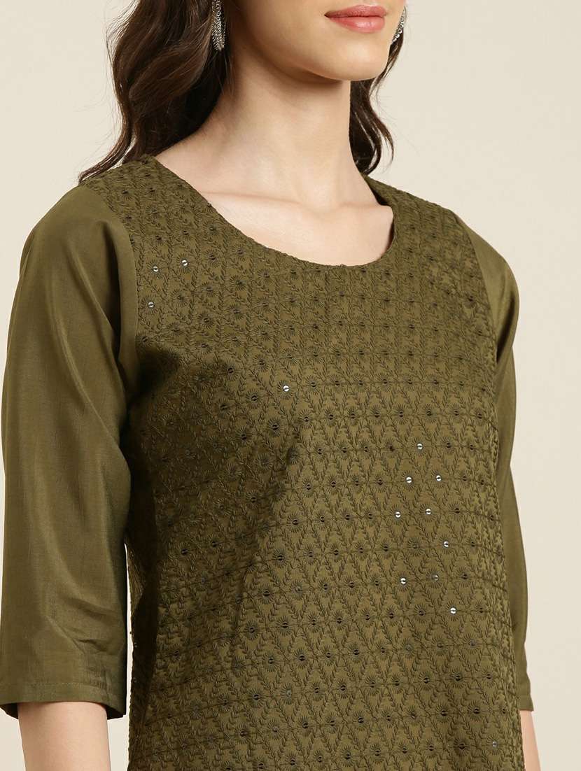 olive embroidered cotton straight kurta - 20252224 -  Standard Image - 4
