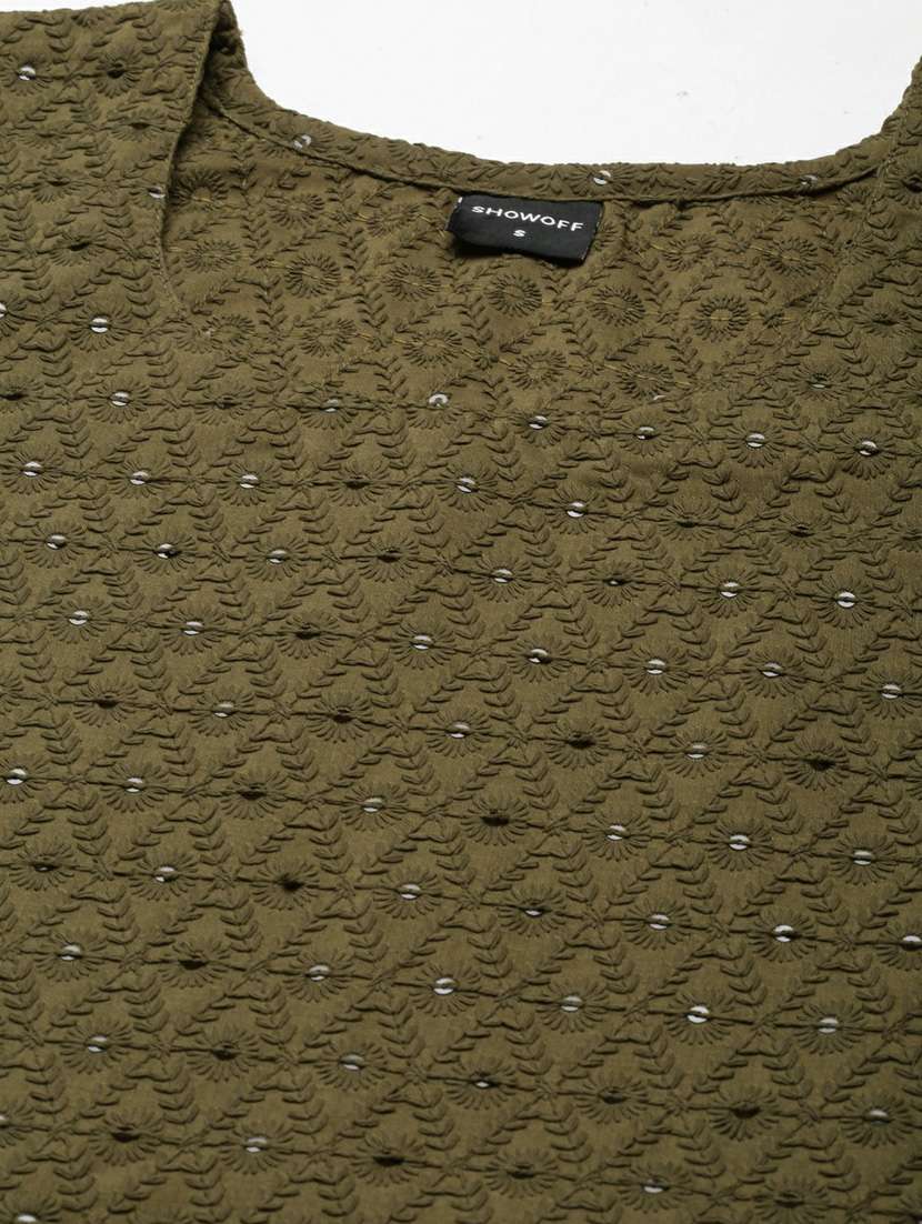 olive embroidered cotton straight kurta - 20252224 -  Standard Image - 6