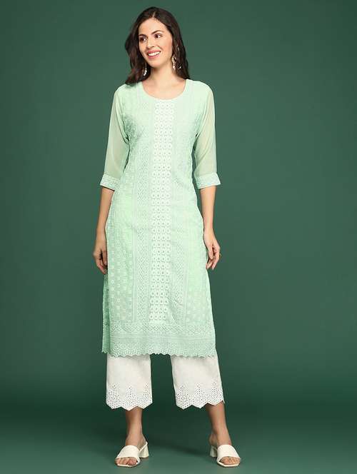 green embroidered georgette straight kurta - 20252225 -  Standard Image - 0