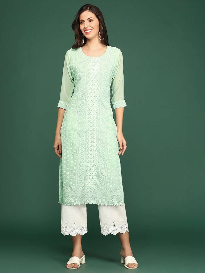 green embroidered georgette straight kurta