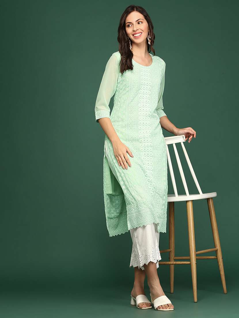 green embroidered georgette straight kurta - 20252225 -  Standard Image - 1