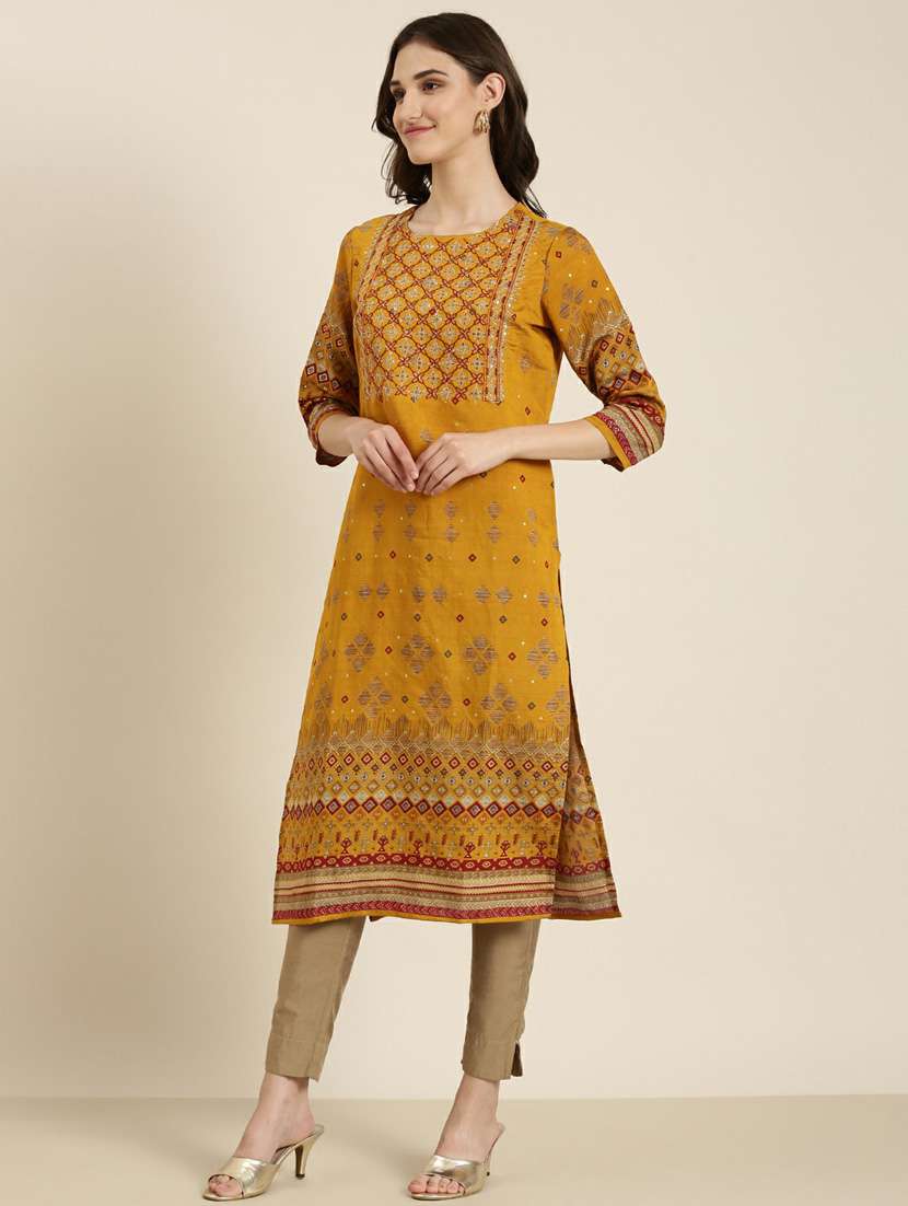 mustard yoke embroidered straight kurta - 20252226 -  Standard Image - 1