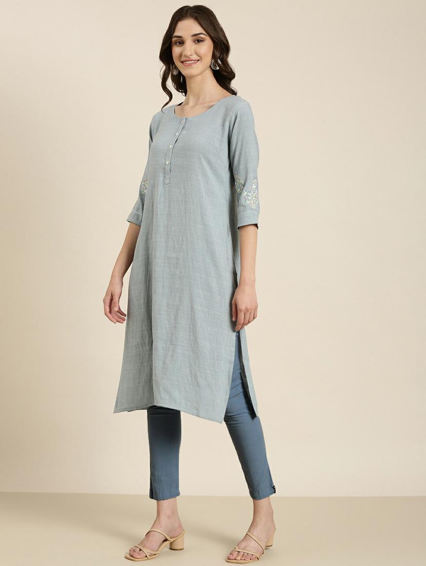 women's grey round neck straight kurta - 20252229 - Standard Image - 1