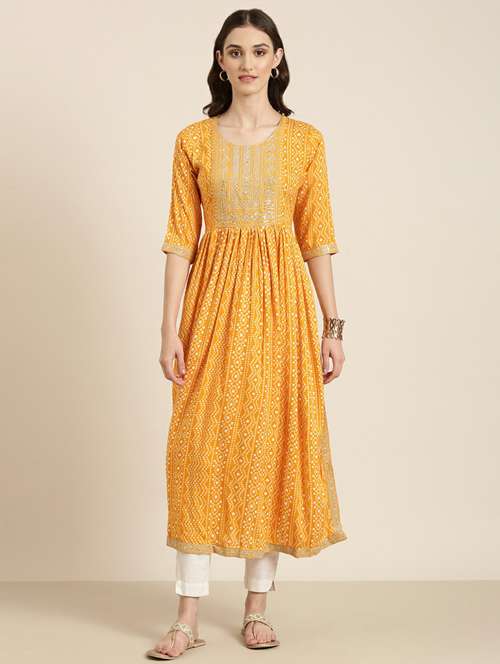 women's mustard round neck anarkali kurta - 20252236 - Standard Image - 0