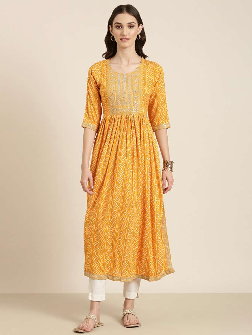 women's mustard round neck anarkali kurta - 20252236 - Zoom Image - 0