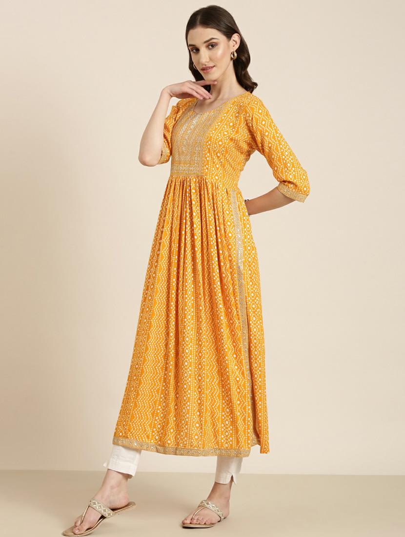 women's mustard round neck anarkali kurta - 20252236 -  Standard Image - 1