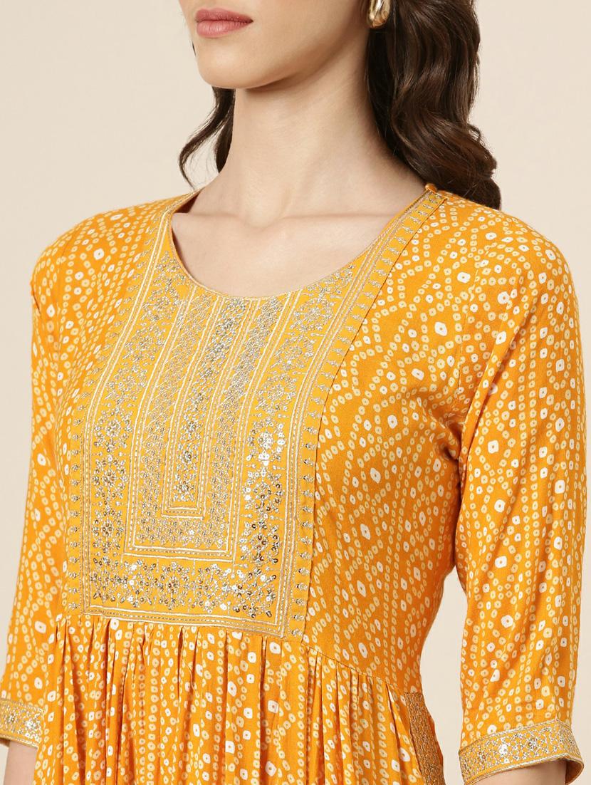 women's mustard round neck anarkali kurta - 20252236 - Standard Image - 4