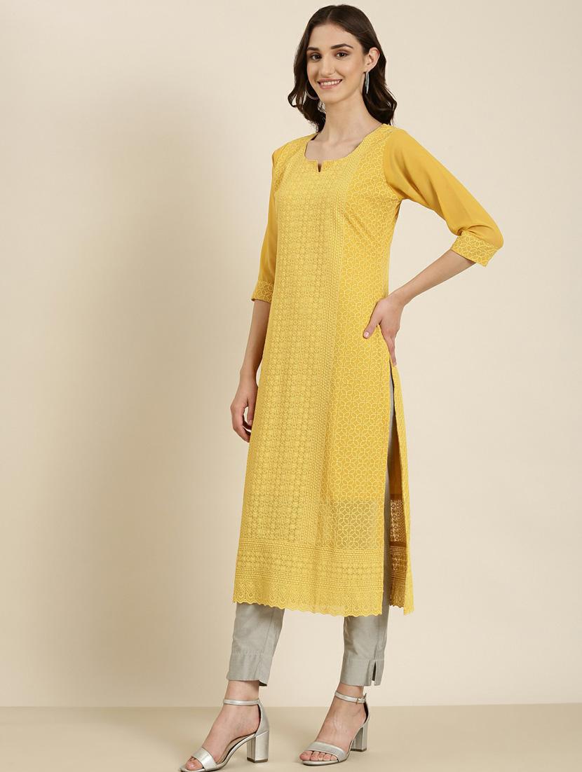 mustard cotton straight kurta - 20252239 - Standard Image - 1