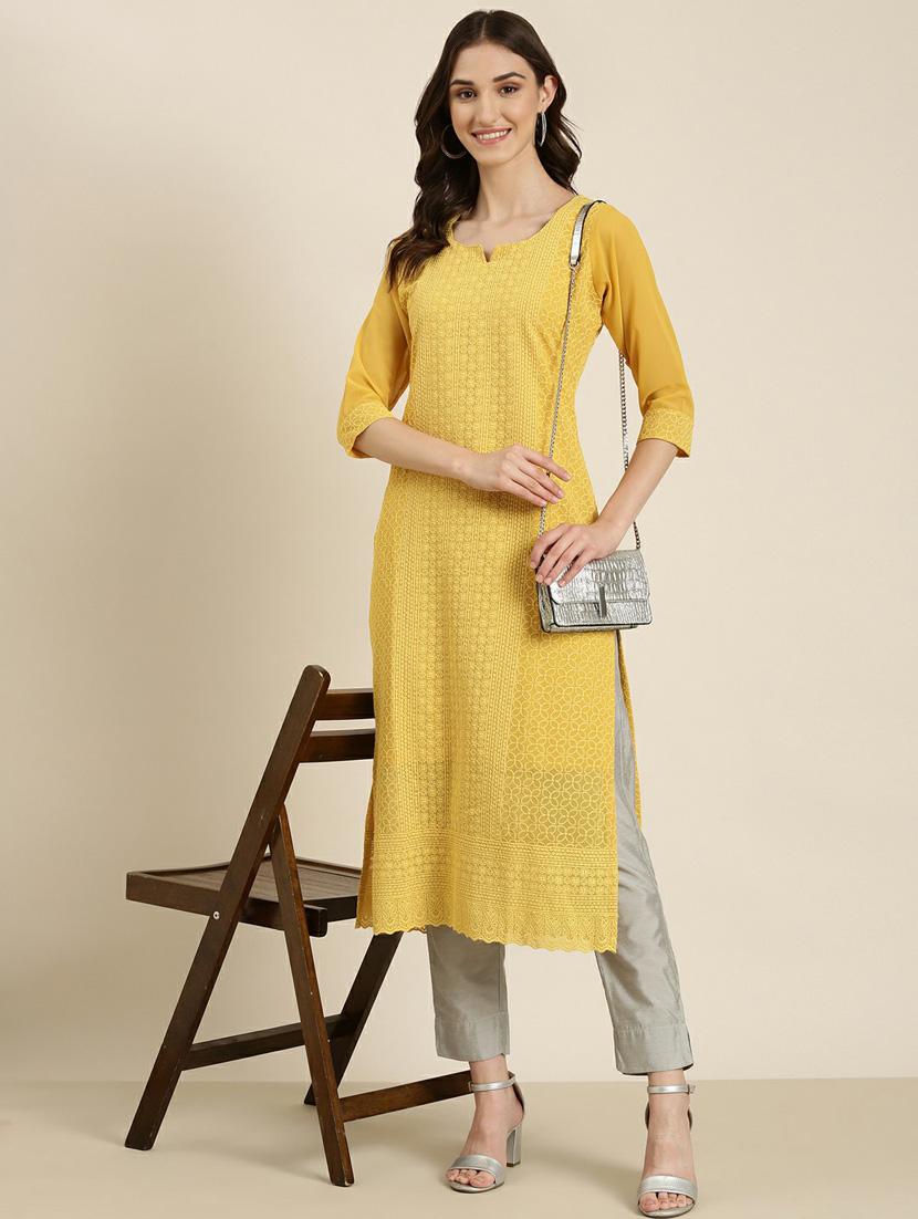 mustard cotton straight kurta - 20252239 - Standard Image - 4