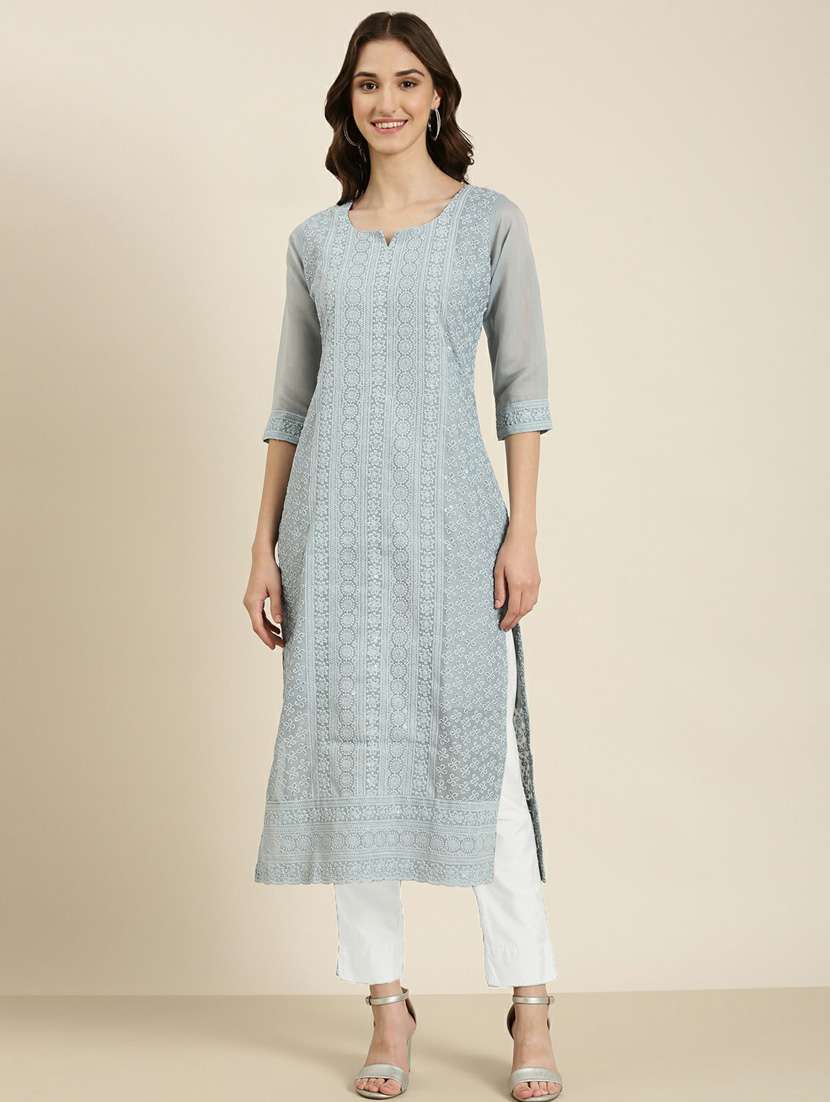 women's grey notch neck straight kurta