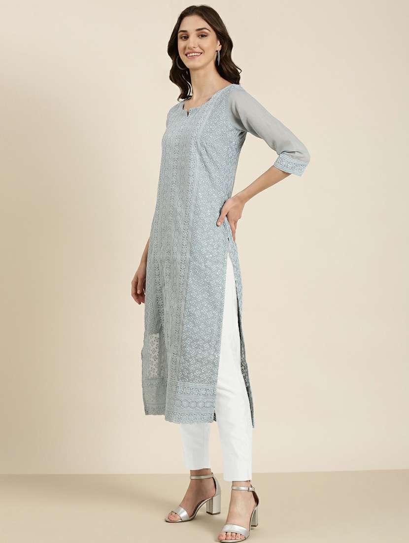 women's grey notch neck straight kurta - 20252246 -  Standard Image - 1