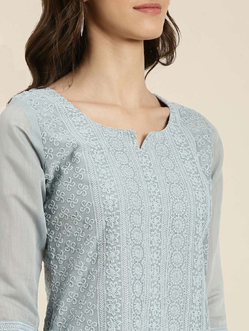 women's grey notch neck straight kurta - 20252246 -  Standard Image - 4