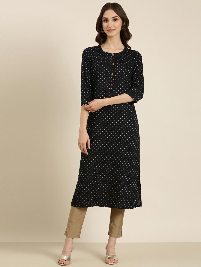 women's black round neck straight kurta - 20252248 -  Zoom Image - 0