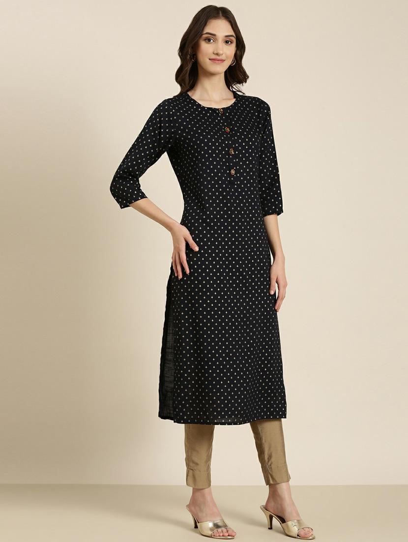 women's black round neck straight kurta - 20252248 - Standard Image - 1