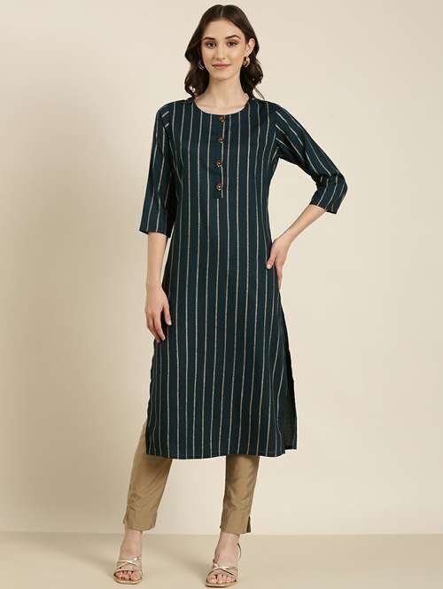 women's teal round neck straight kurta - 20252249 -  Standard Image - 0