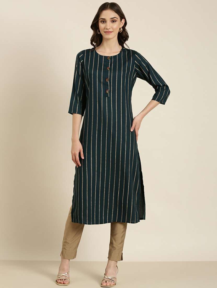 women's teal round neck straight kurta - 20252249 -  Zoom Image - 0
