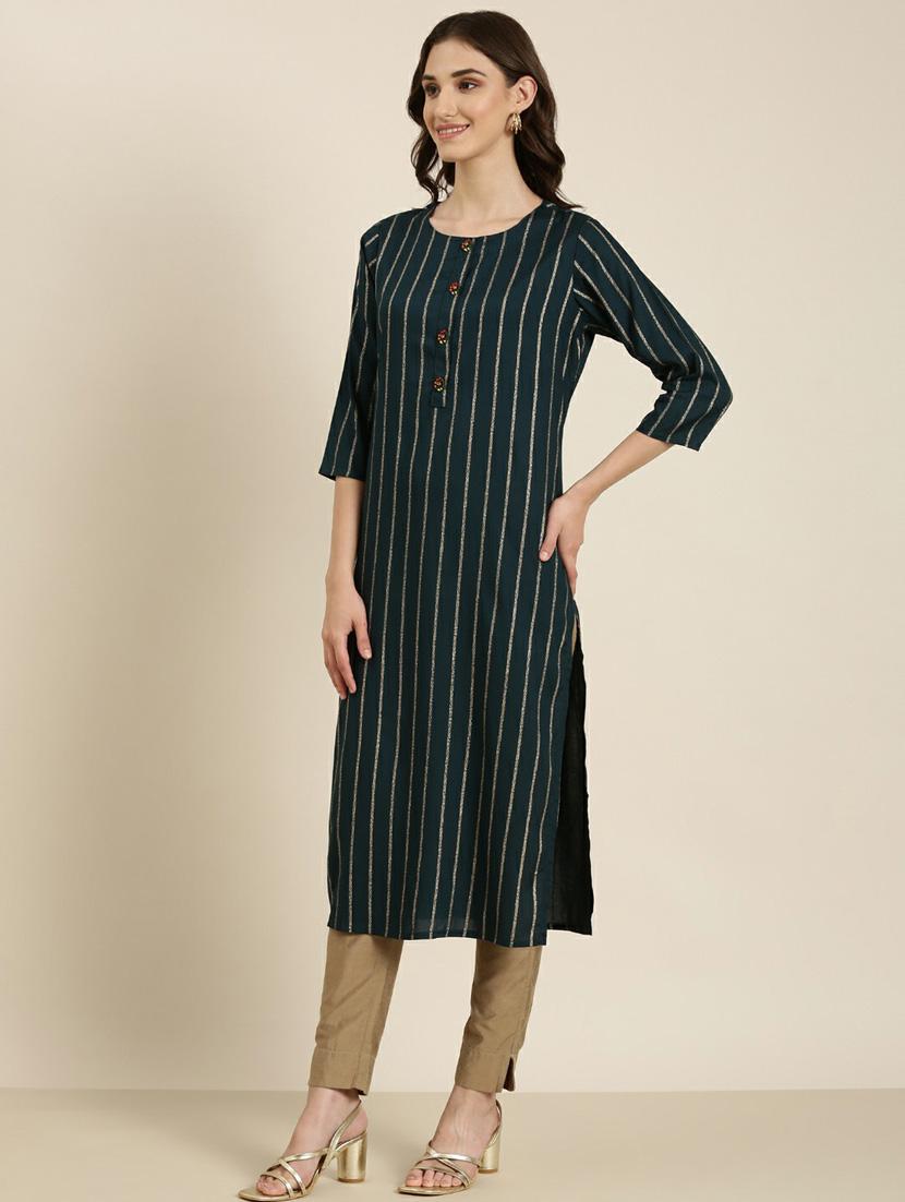 women's teal round neck straight kurta - 20252249 - Standard Image - 1