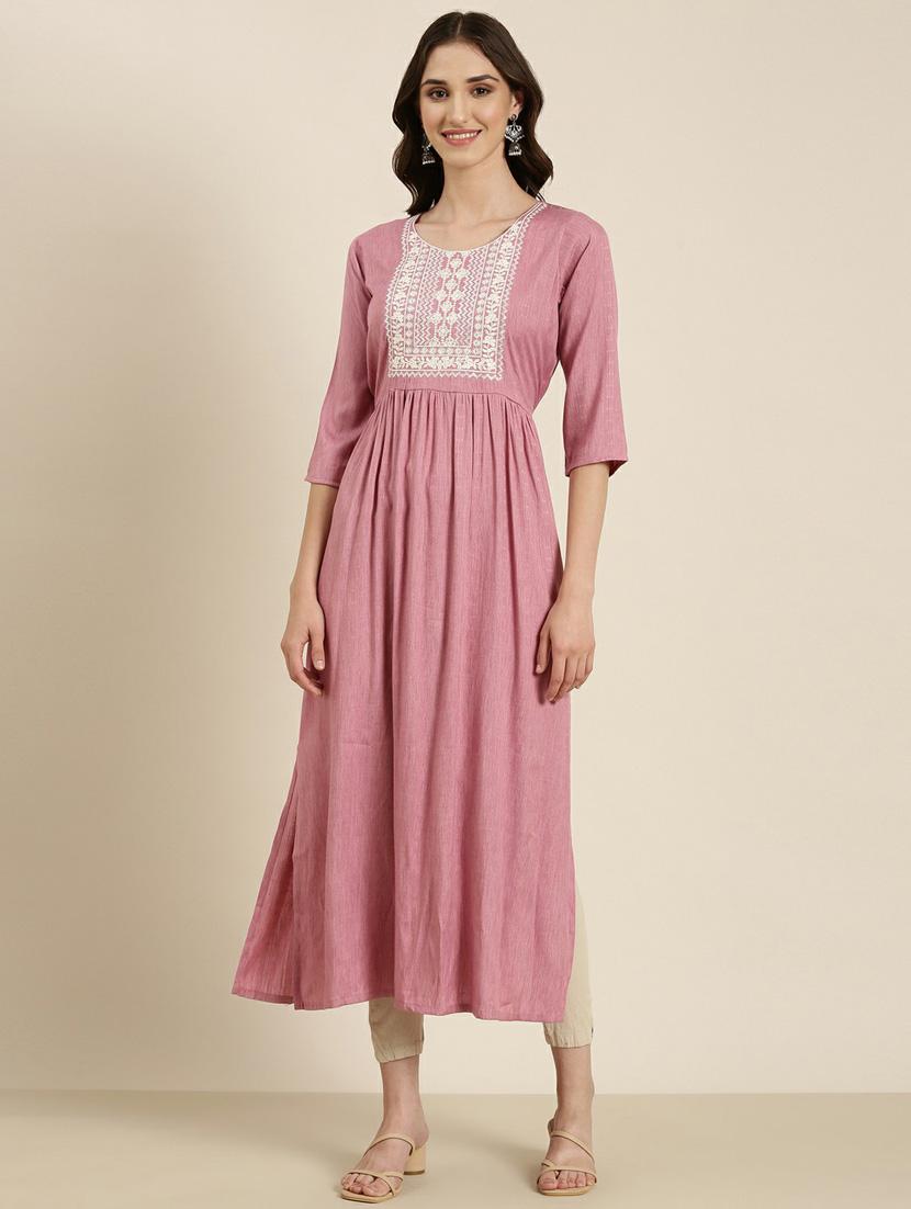 women's pink round neck flared kurta