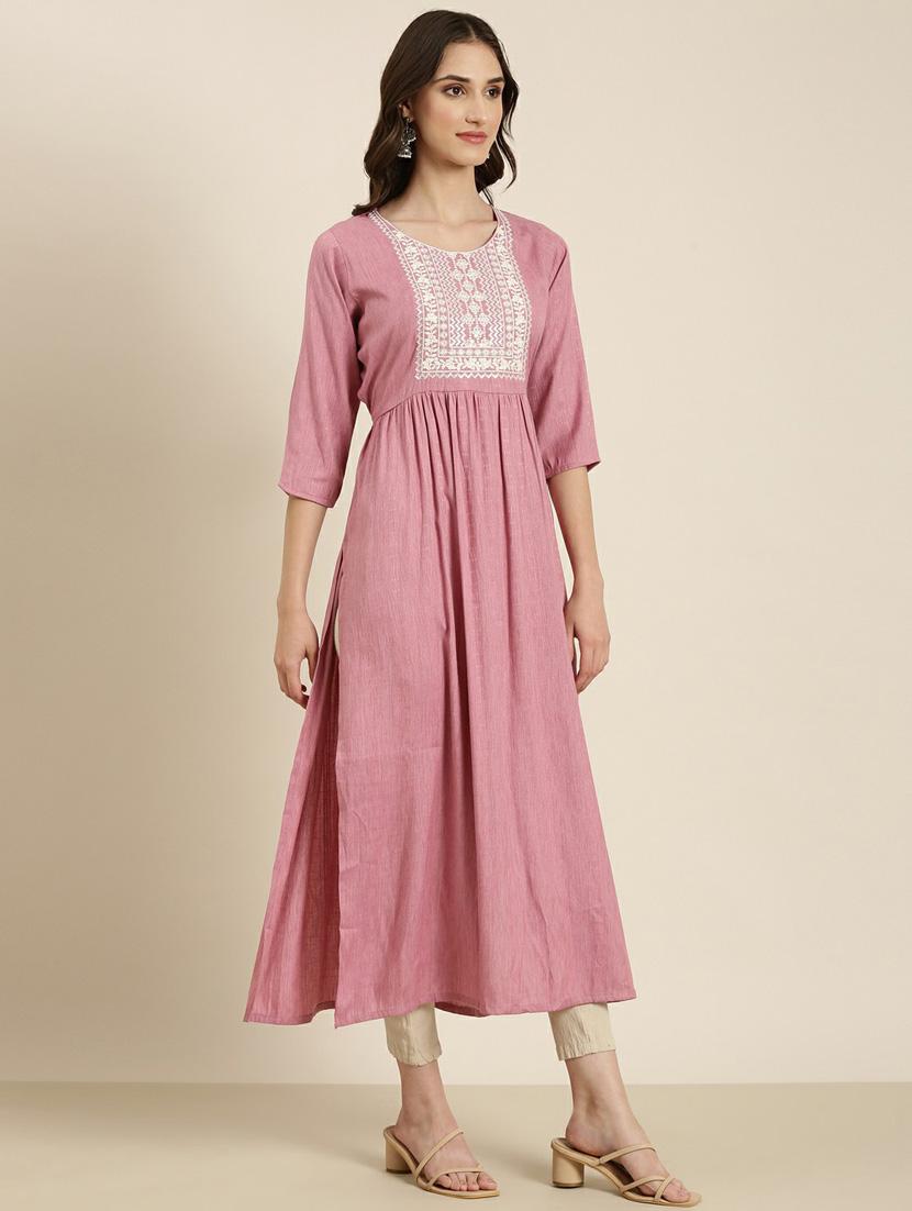 women's pink round neck flared kurta - 20252250 - Standard Image - 1