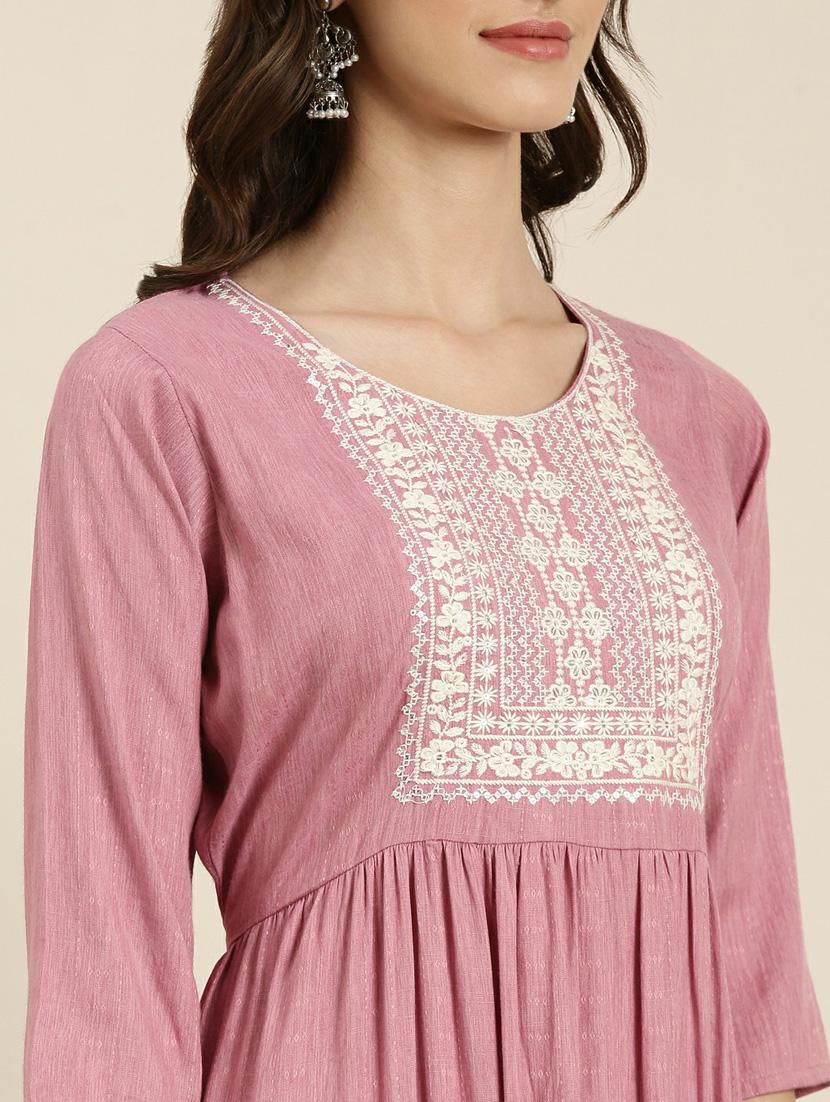 women's pink round neck flared kurta - 20252250 - Standard Image - 4