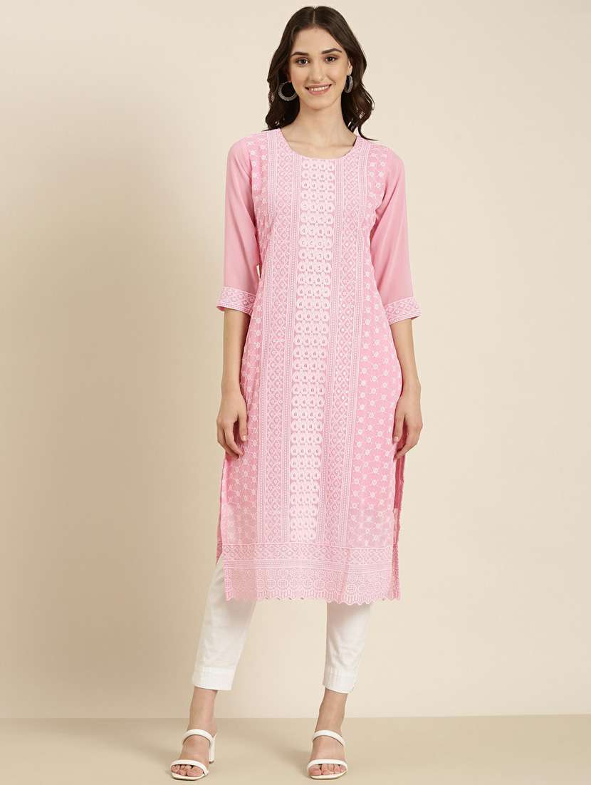 women's pink round neck straight kurta