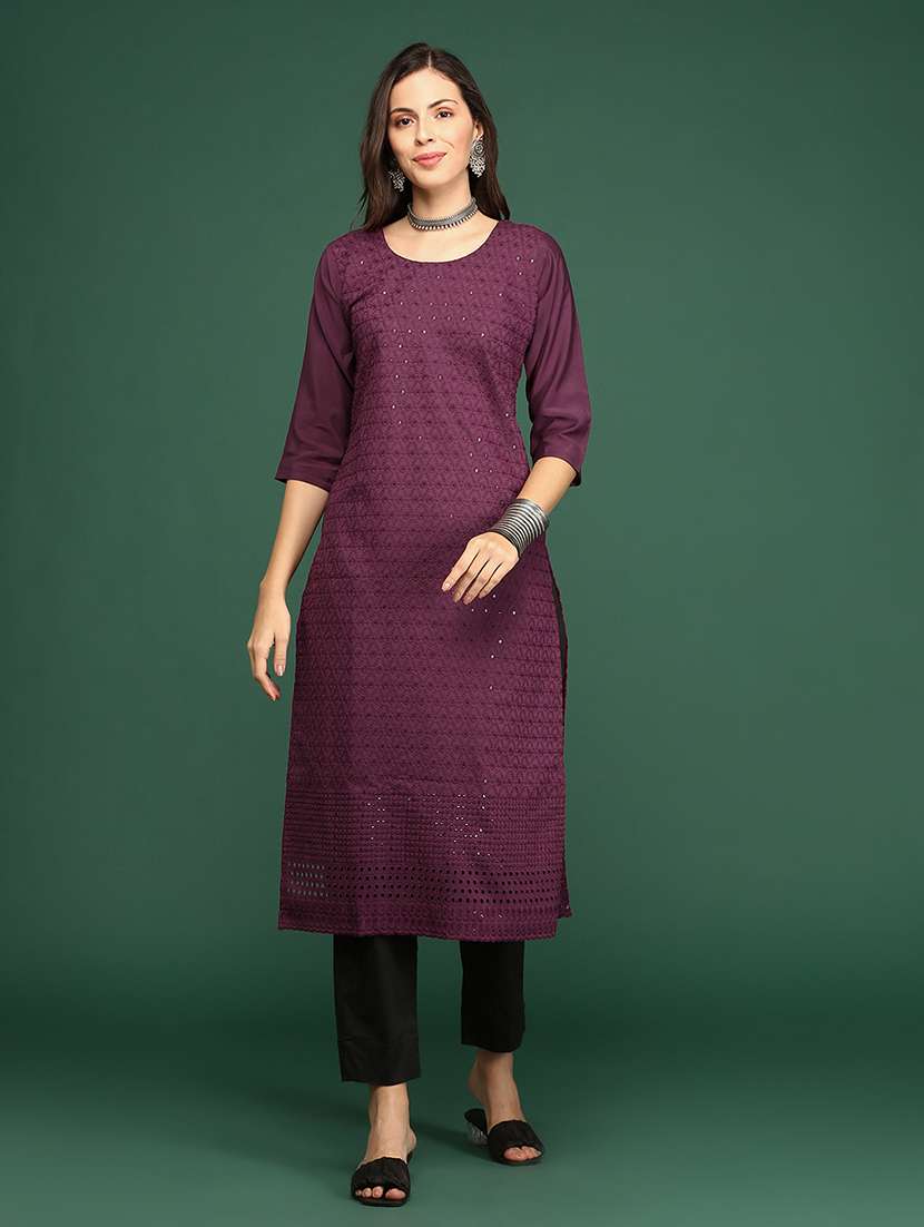 women's purple round neck straight kurta