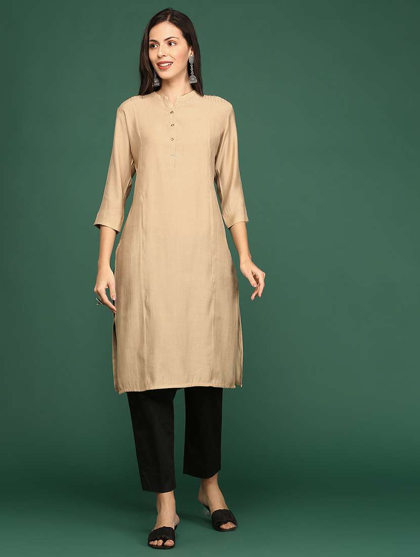 women's beige mandarin neck straight kurta