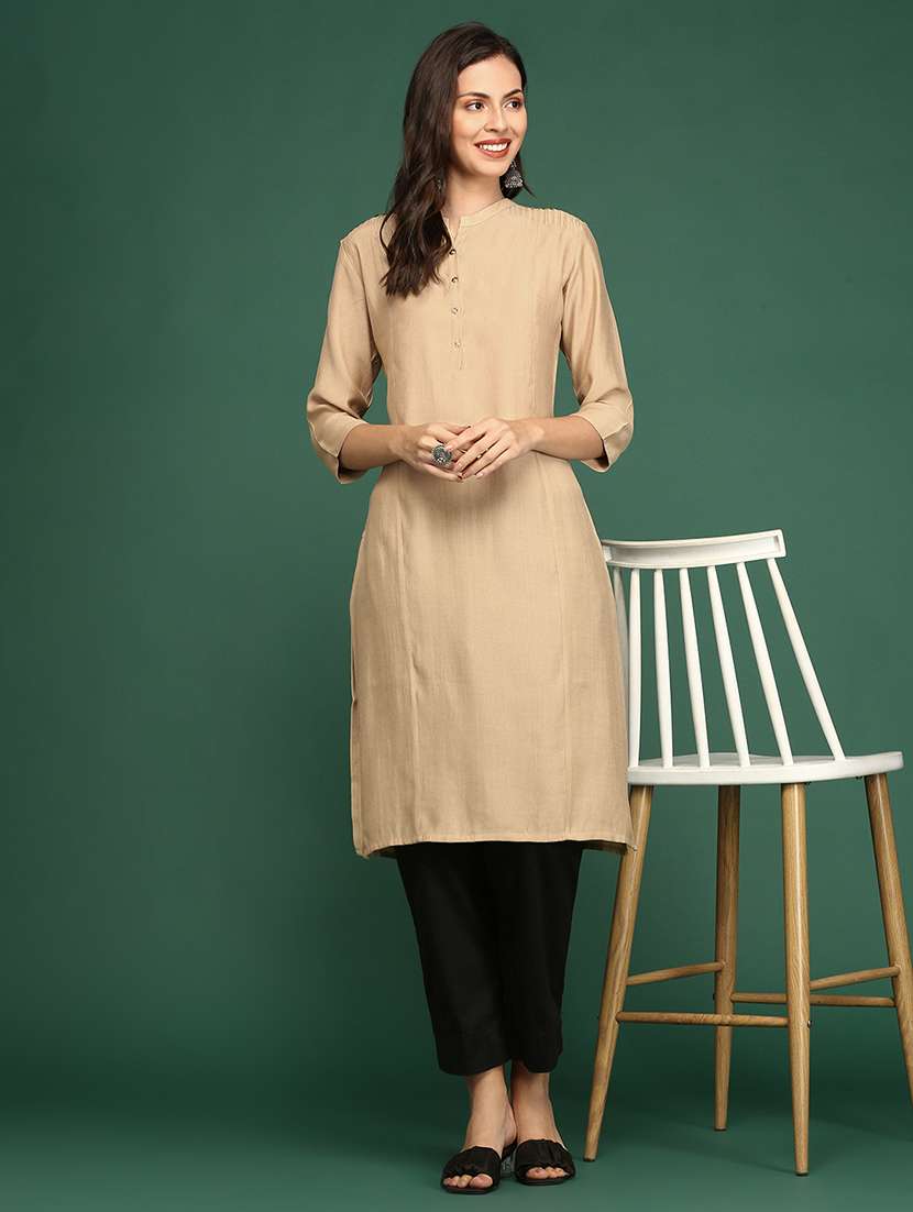 women's beige mandarin neck straight kurta - 20252253 -  Standard Image - 1