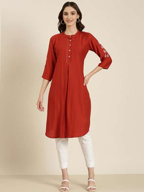 women's rust mandarin neck straight kurta - 20252254 -  Standard Image - 0