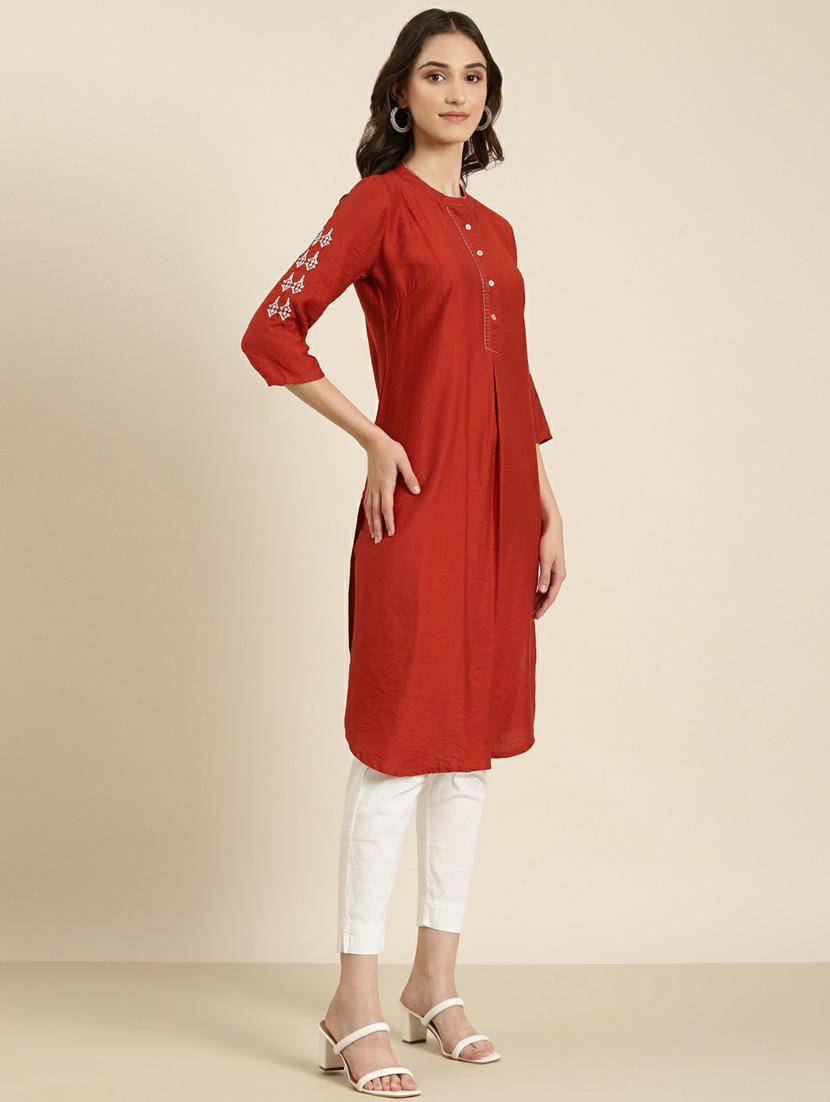 women's rust mandarin neck straight kurta - 20252254 - Standard Image - 1