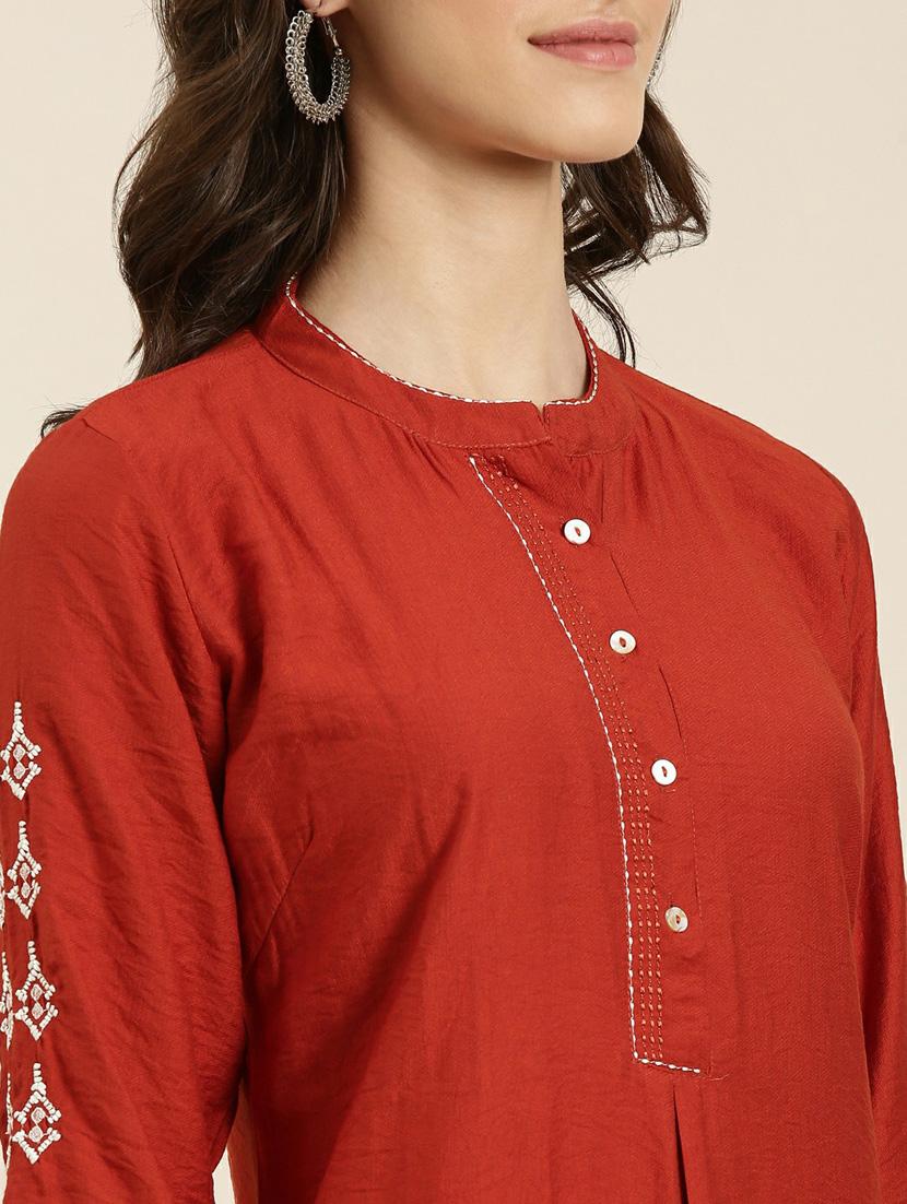 women's rust mandarin neck straight kurta - 20252254 - Standard Image - 4