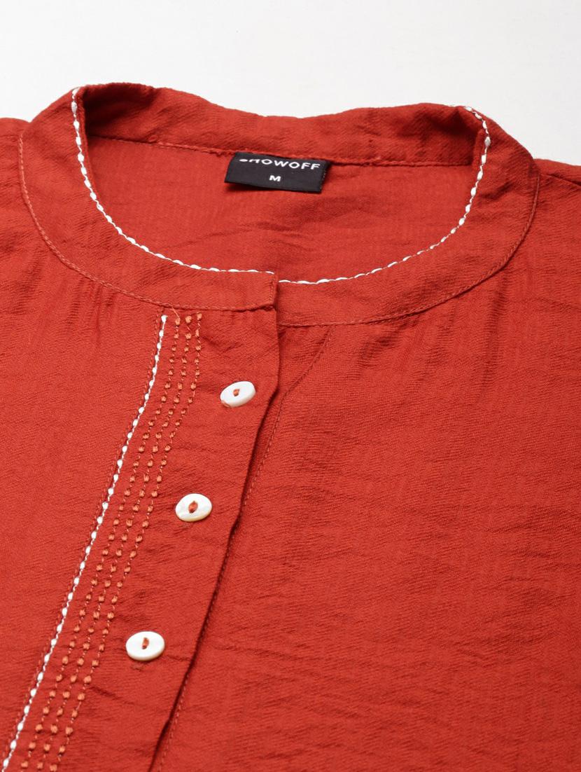 women's rust mandarin neck straight kurta - 20252254 - Standard Image - 6