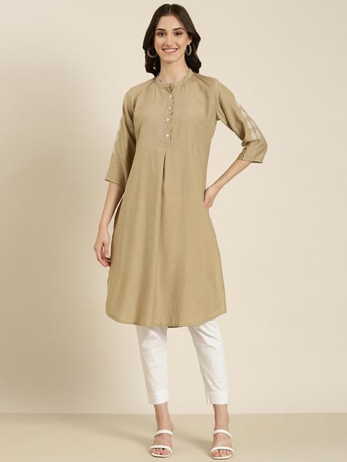 women's beige mandarin neck straight kurta - 20252255 -  Standard Image - 0