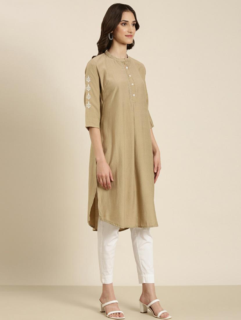 women's beige mandarin neck straight kurta - 20252255 -  Standard Image - 1