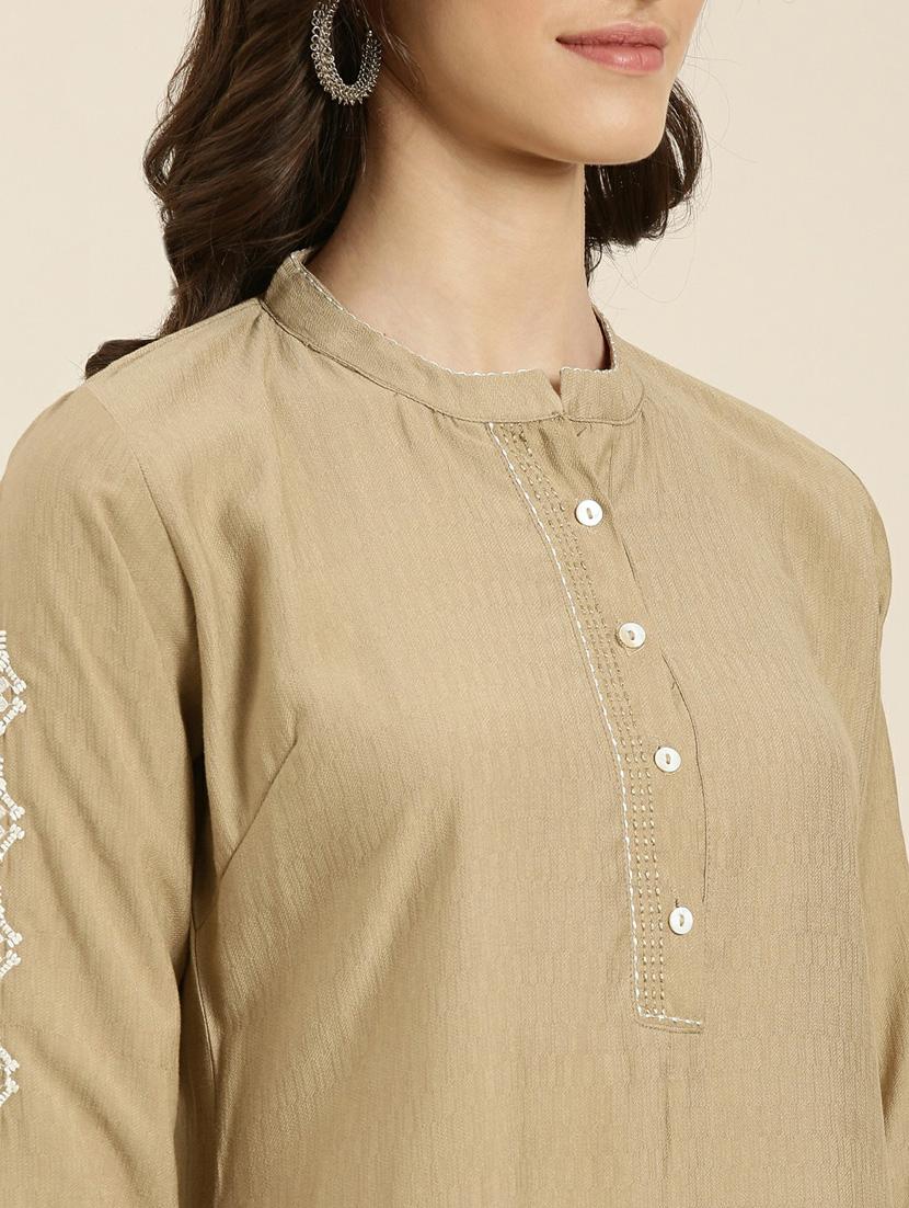 women's beige mandarin neck straight kurta - 20252255 - Standard Image - 4
