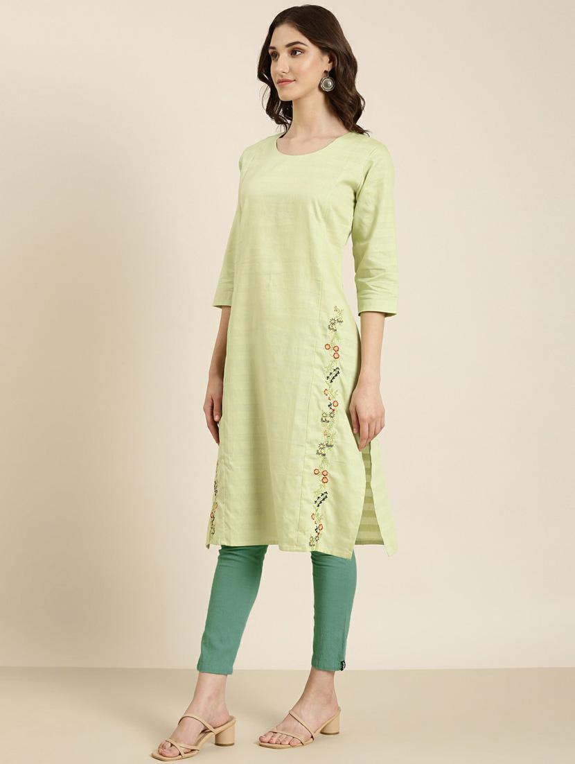 women's lime green round neck straight kurta - 20252258 -  Standard Image - 1